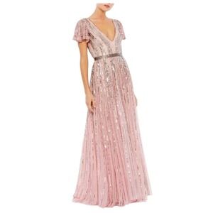 Mac Duggal 70108 Rose Pink Beaded Gown Gunmetal Sequin Stripe Tulle Size 4 $698